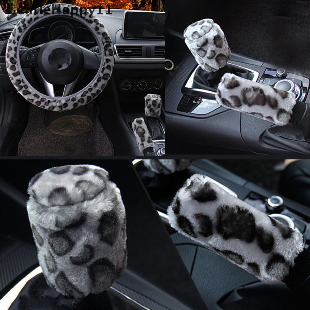 Gentlehappy 3Pcs/Set Leopard Bulu Halus Mewah Penutup Setir Musim Dingin Aksesoris Mobil