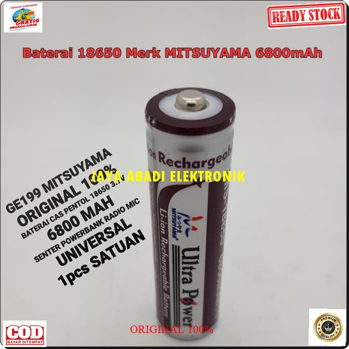 G199 BATERAI MITSUYAMA 18650 PENTOL 3.7V BATERE 6800  CAS CASAN CHARGER SENTER POLICE ULTRA POWER VAPE VAPOR  POWERBANK  HARGA SATUAN UNIVERSAL  Type Lithium Ion Battery Model 18650 Battery Capacity 6800 mAh Battery Voltage 3.7 V  Dapat Digunakan untu