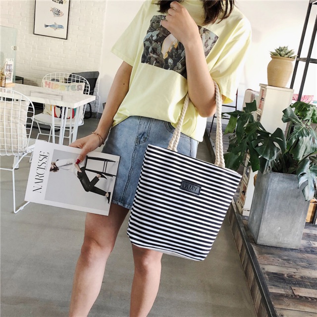 Totebag import salur stripe tas korea jinjing bahu kanvas tote bag