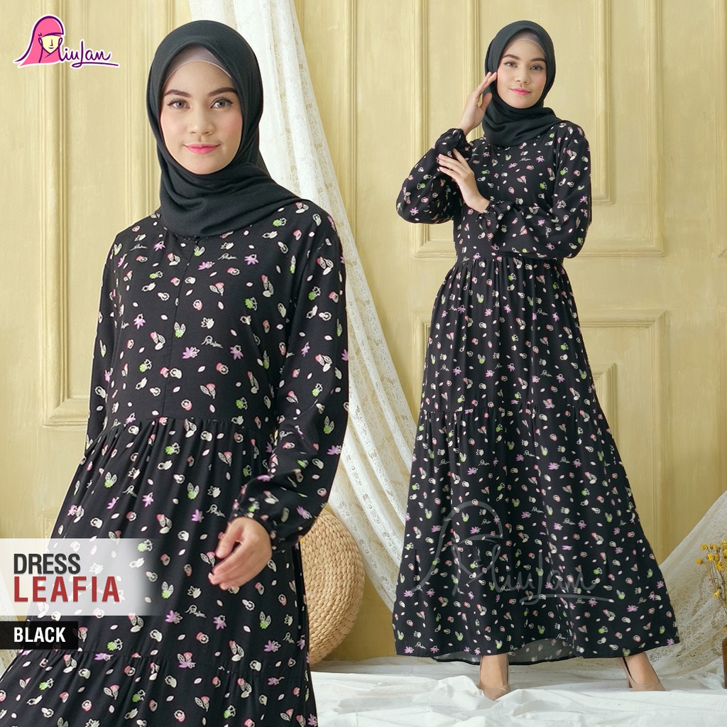 [SALE] Leafia Dress Muslimah Motif Daun Gamis Cantik Miulan Terbaru