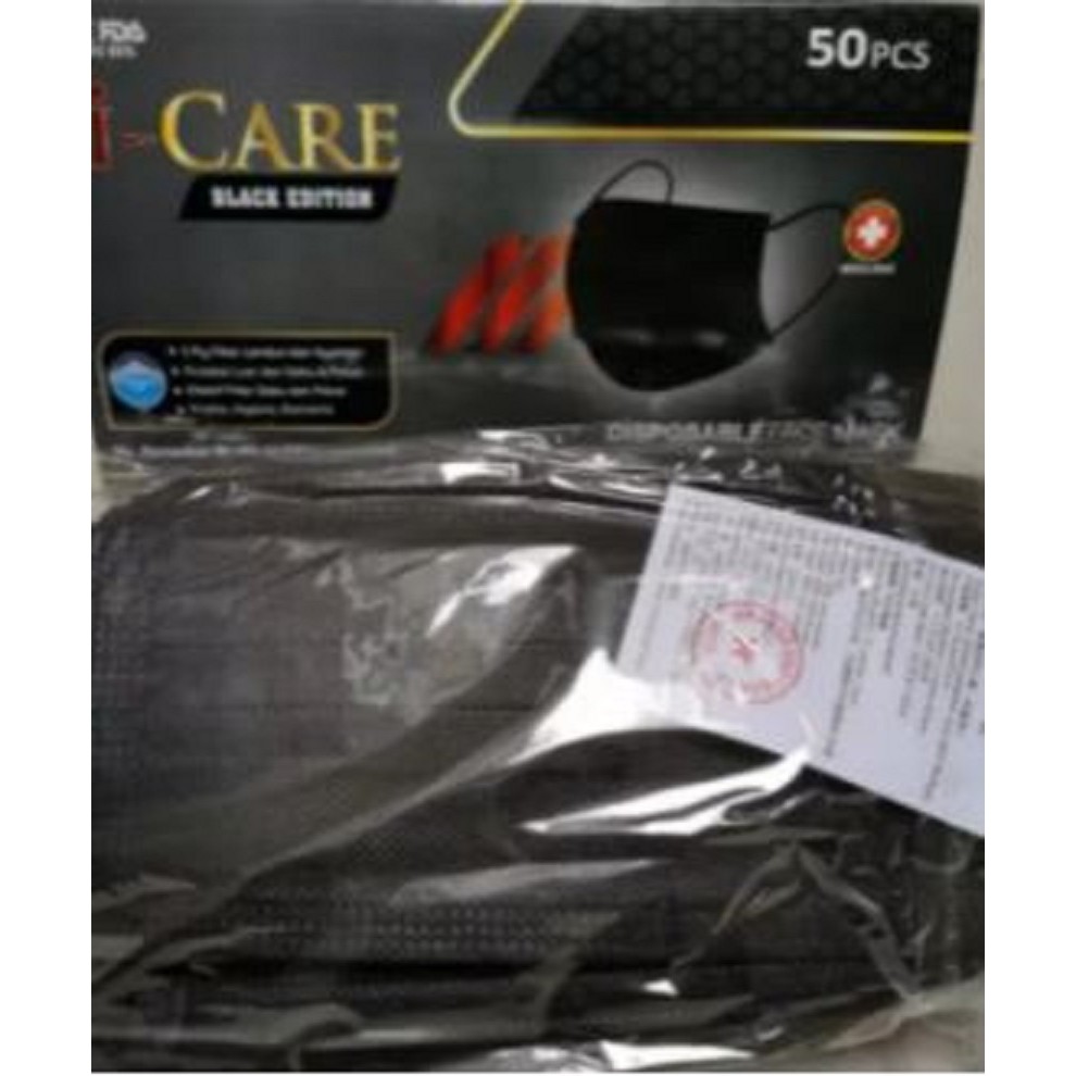 Masker 3 ply Hitam i-care / Masker Earloop Hitam