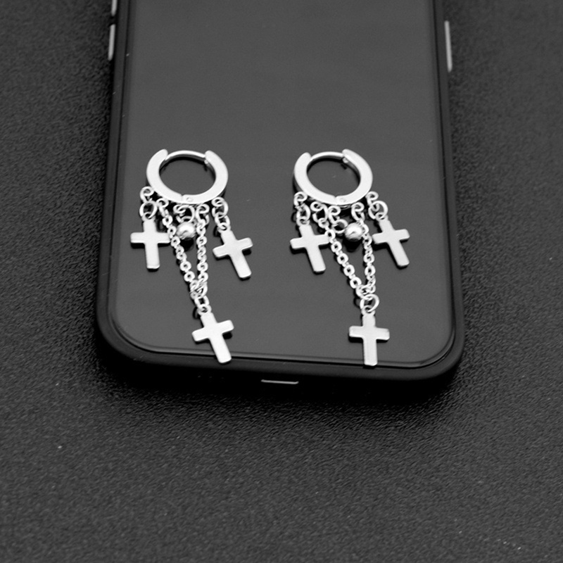 Fancyqube Anting Tindik Palsu Bahan Stainless Steel Bentuk Salib Aksen Rantai Rumbai Untuk Pria Dan Wanita