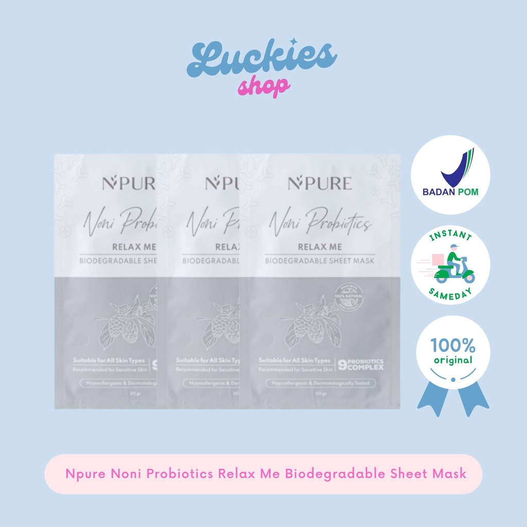 BPOM Npure Noni Probiotics Relax Me Biodegradable Sheet Mask Masker Wajah Muka