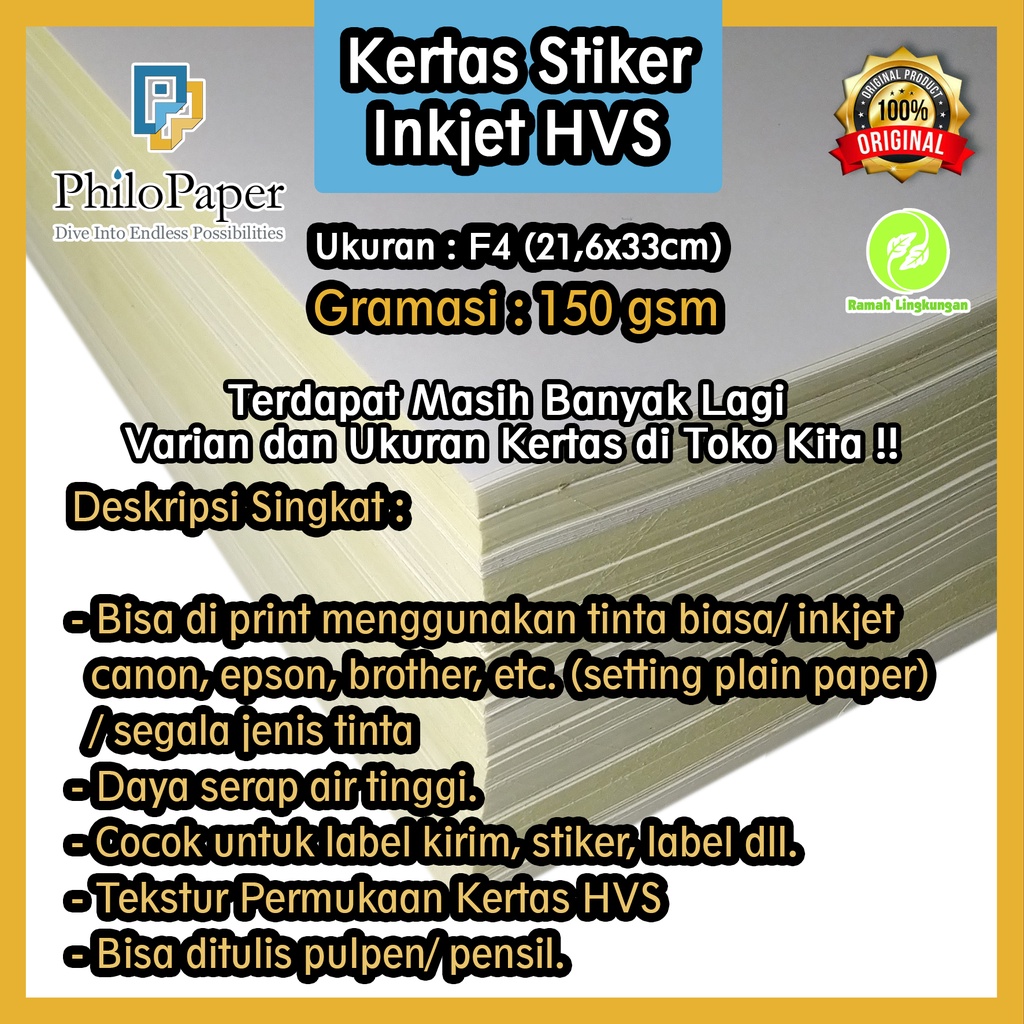 

Kertas Sticker Inkjet HVS 150 Gsm F4