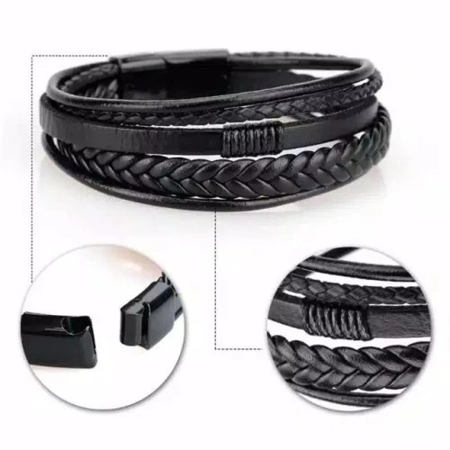 GELANG FASHION 5 LAYERS PRIA BRACELET KULIT LEATHER PREMIUM HITAM BLACK