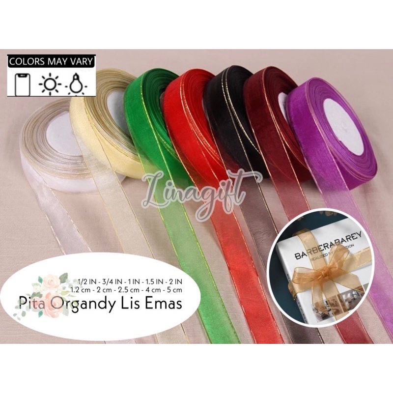 ( Rol 20 Yard ) PITA ORGANDI LIS EMAS 1 IN ( 2.5 CM ) - ORGANDY SILK CHIFFON RIBBON 25 MM / 1 INCH GOLD LIST / ORGANZA / HIASAN KADO / PARCEL HIASAN DEKOR DEKORASI RUANG FLORIST BUKET KARANGAN BUNGA