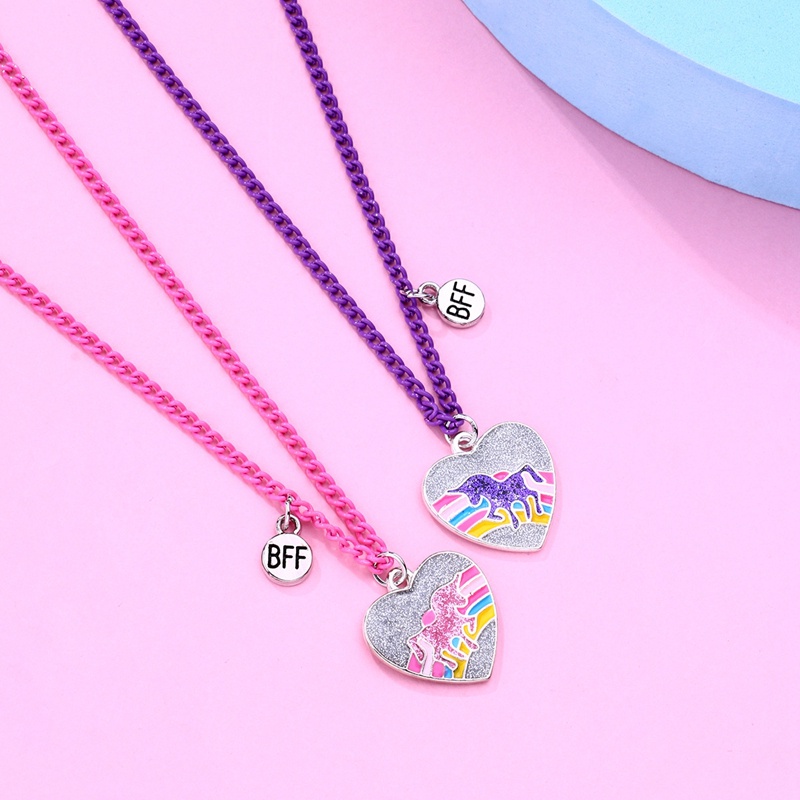 2pcs / Set Kalung Rantai Liontin Hati Unicorn Warna-Warni Untuk Wanita