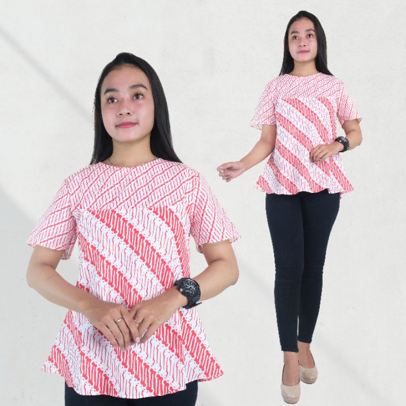 Blus Batik Wanita Lengan Pendek Merah Putih- Naira Batik