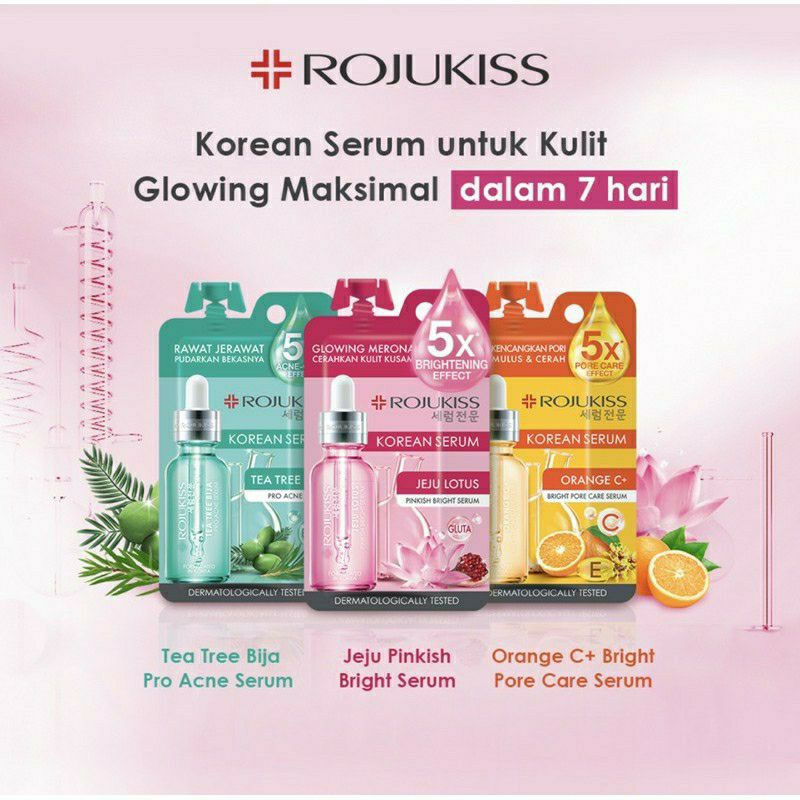 Rojukiss Serum Orange C+ Bright Pore Care Tea Tree Bija Pro Acne Jeju Lotus Pinkish Bright Serum 8mL