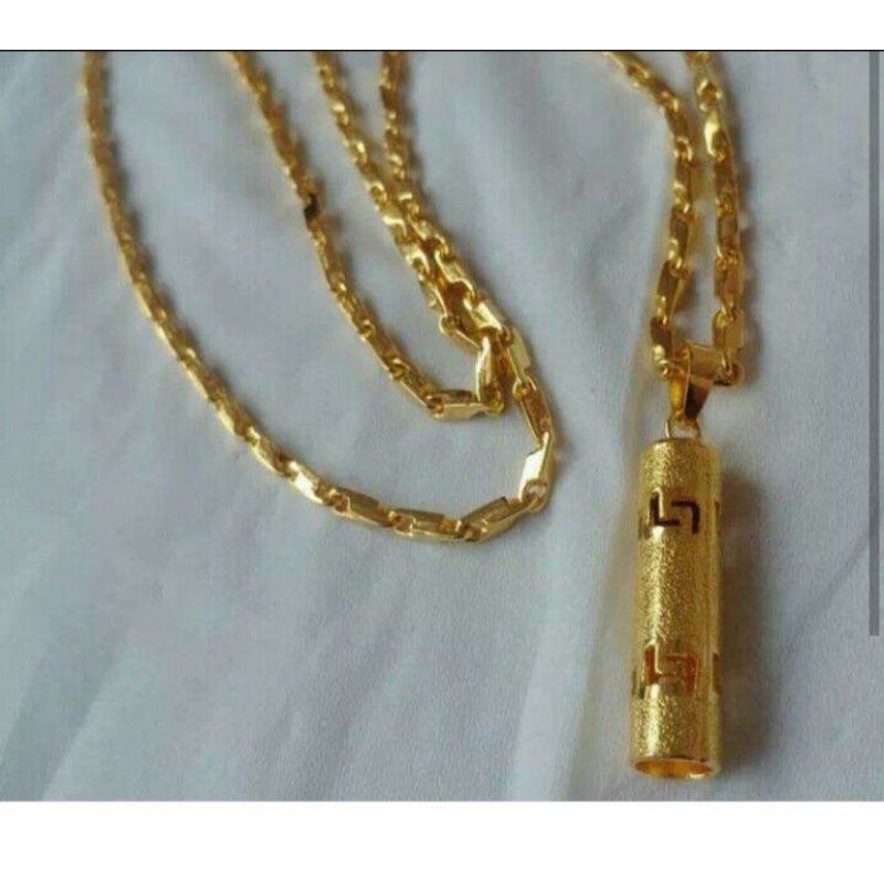 Kalung balok liontin bambu ok 45cm asli anti karat lapis emas 24k