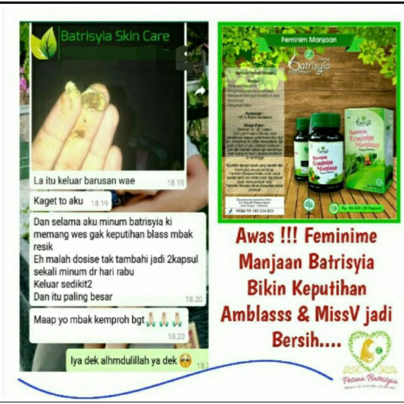 Feminime manjaan Batrisyia herbalq obat keputihan penyubur rahim pelancar haid penguat otot kewanitaan rapetin miss V batrisya batrisiya