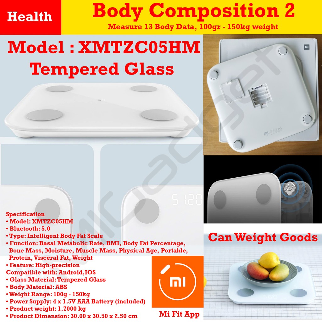 Body Composition Scale 2 - Tempered Glass Model - Body Fat Analyser - Smart Scale 2 - XMTZC05