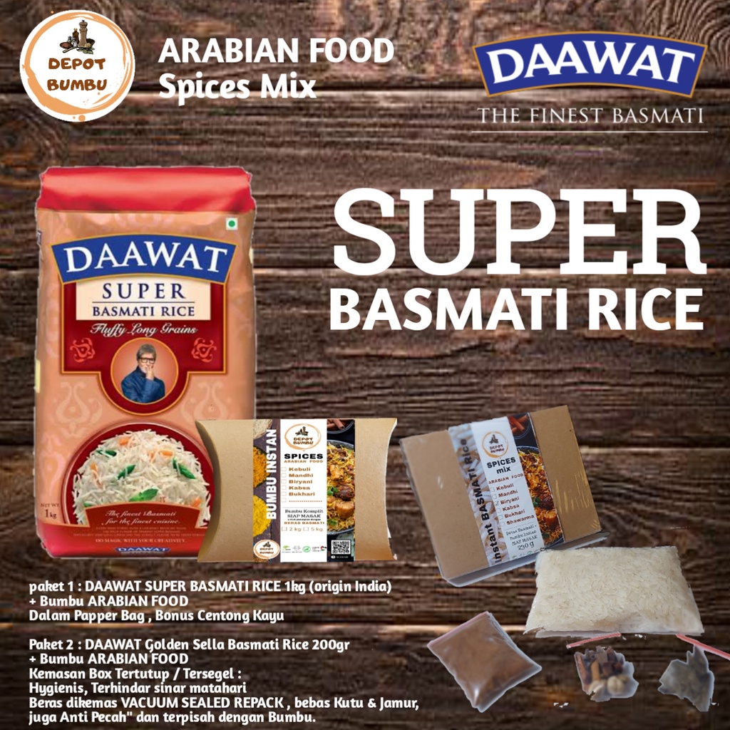

DAAWAT SUPER Basmati Rice Origin India paket plus Bumbu Instan ARABIAN FOOD DEPOT BUMBU pilih