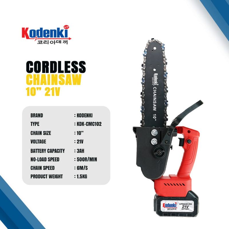 Kodenki Mesin Gergaji Kayu Pohon Chainsaw Cordless Baterai 10 inch 21 volt