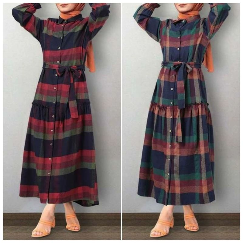 MDLV ~ 04430# Emma Plaid Shirt Dress Kotak Dress Maxi Fashion Import