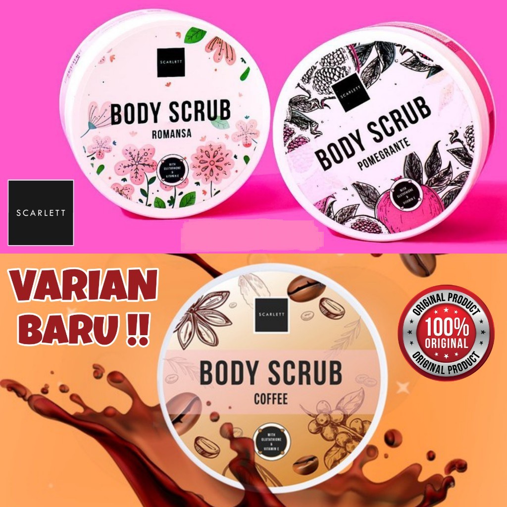 LULUR BADAN SCARLETT WHITENING BODY SCRUB ORIGINAL BPOM - COFFEE - ROMANSA - POMEGRANTE - SCARLET