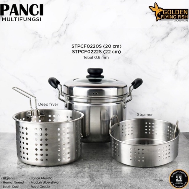 Golden Flying Fish - Panci Multifungsi 3 in 1 - Panci Sauce Pot Steamer Deep Fryer - Penggorengan Panci Rebus