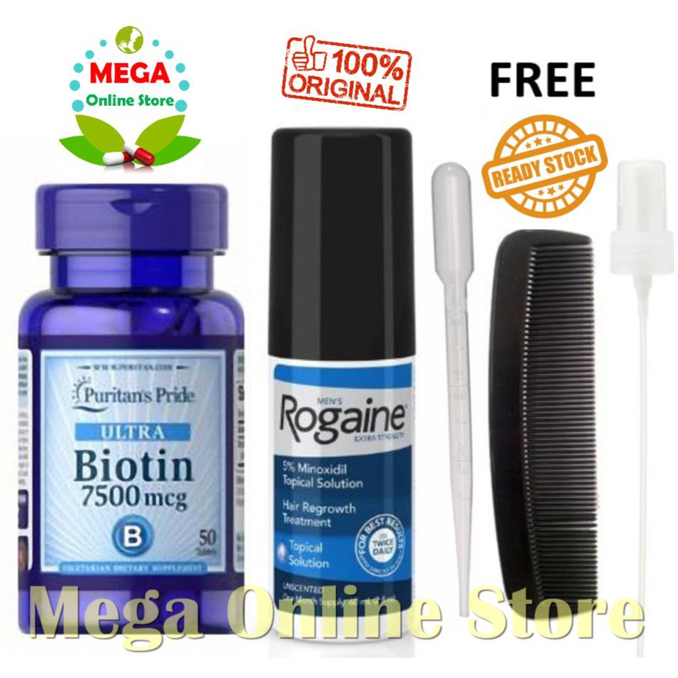 Paket Rogaine Men Minoxidil 60 ml + Puritan Biotin 7500 mcg 50 Tablet