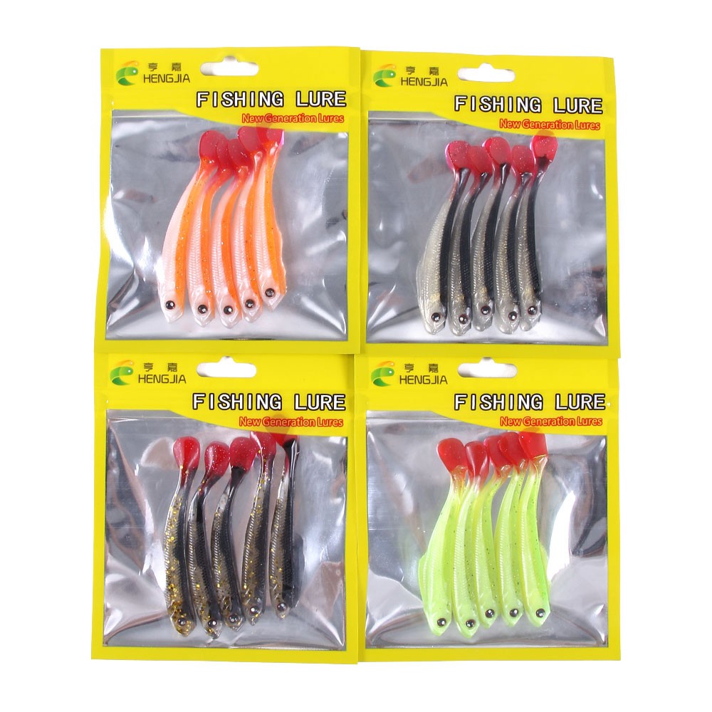 HENGJIA 5PCS/Bag Fishing Lures 75mm 3.4g Umpan Pancing Wobblers Carp Fishing Soft Lures Silicone Artificial Double Color Baits