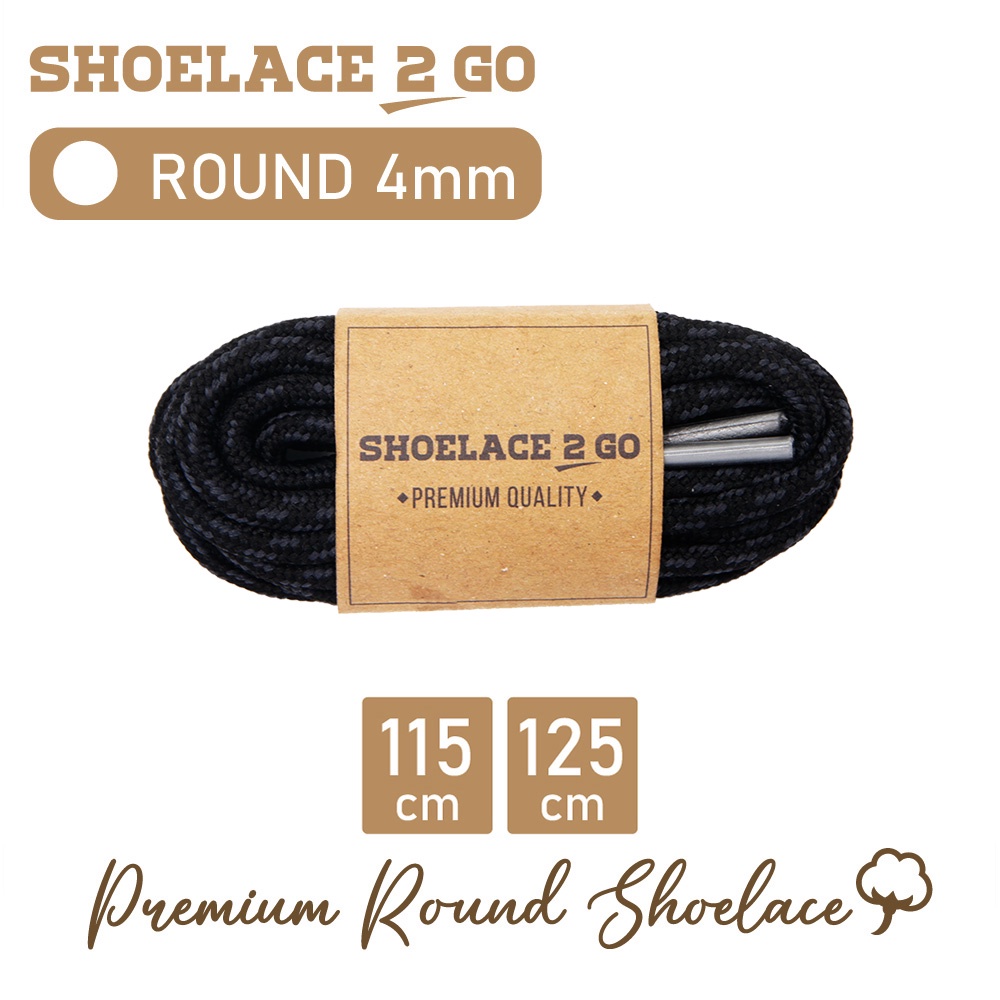 SHOELACE 2 GO PREMIUM TALI SEPATU MOTIF BULAT ROUND N2 BLACK WITH GREY STRIPES - 115CM 125CM