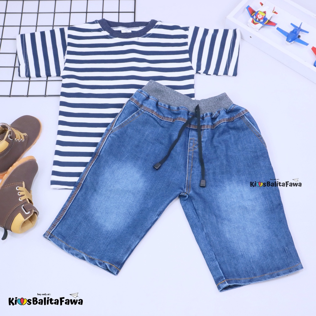 Setelan Salur Jeans uk 5-6 Tahun / Kaos Anak Cowok Celana Jeans Pendek Baju Anak Cowo Murah Pakaian