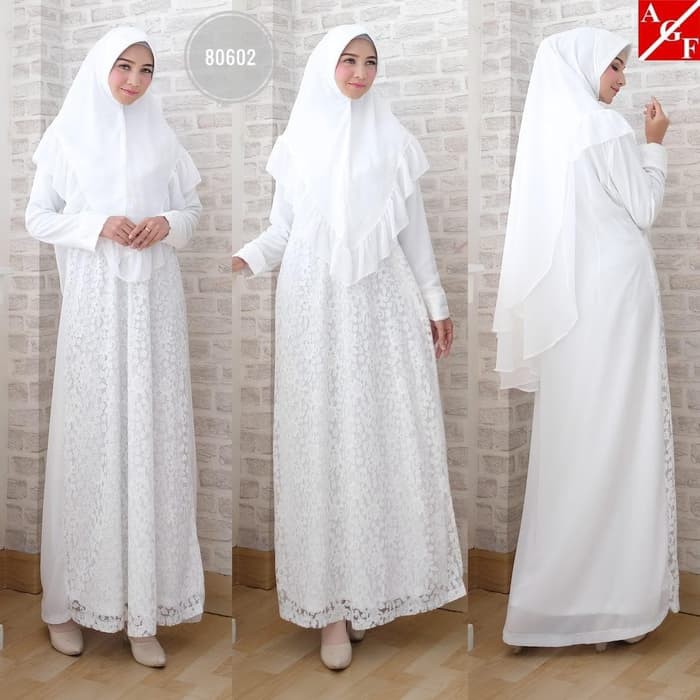 Baju Syari Gamis Putih Brokat / Gamis Umroh Haji / Gamis Muslim #9001 Promo