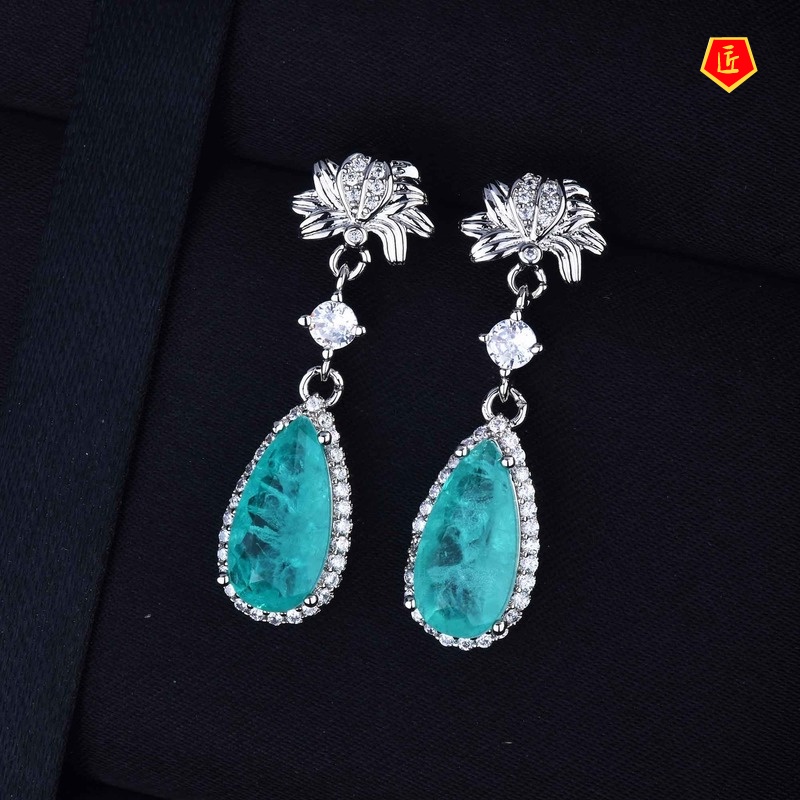 [Ready Stock]Natural Paraiba Micro-Inlaid Full Diamond Earrings