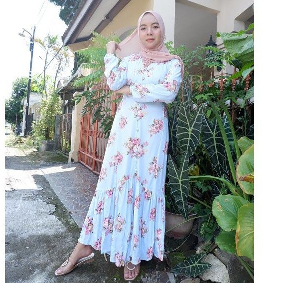 Rosy Maxi Long Dress Summer Dress Wanita Motif Bunga bahan Katun Rayon Premium