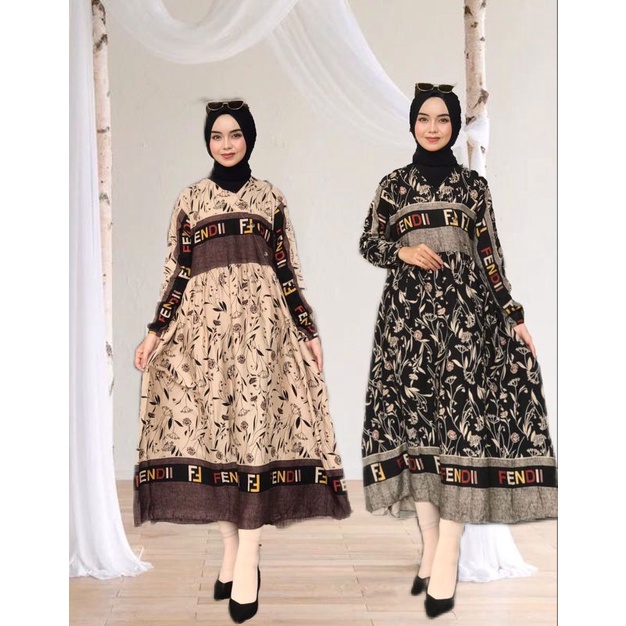 Midi dress branded/motif bunga/gamis/dress/rayon bunga
