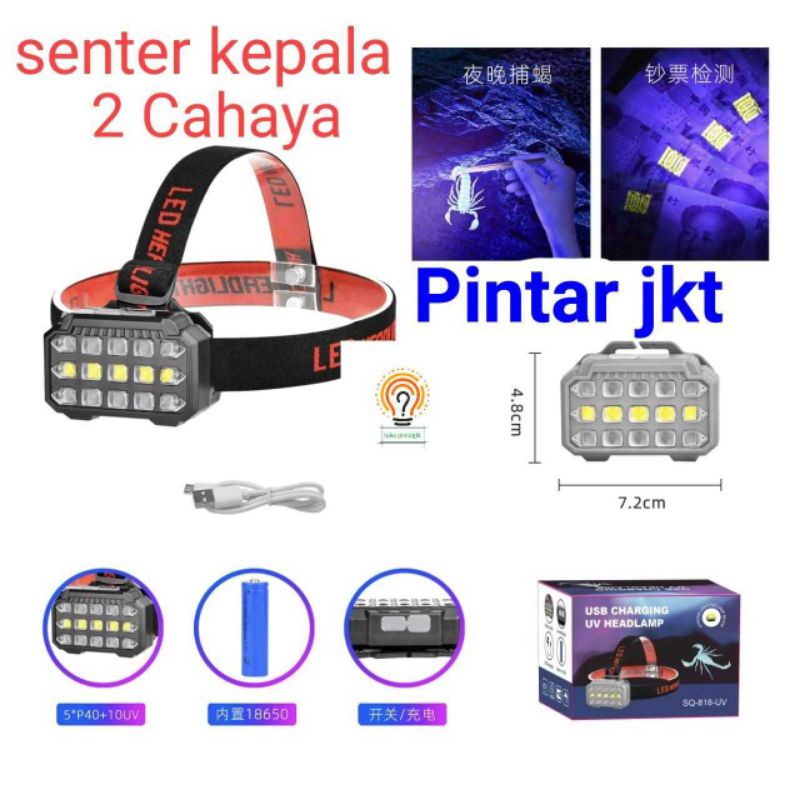 Senter Kepala Plus UV USB Charging UV Headlamp