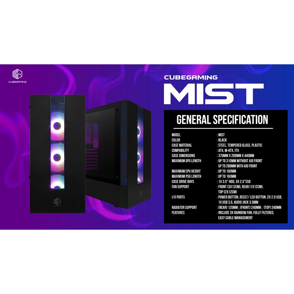 Casing Cube Gaming MIST + 3 Fan RGB Casing PC Gaming