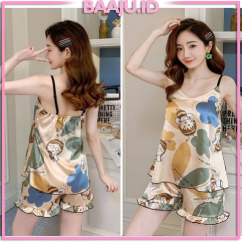 BaajuID Satin Tanktop Sexy Import Set | Cup Bra Bahan Silk Premium | Piyama Wanita Set Tanktop Sexy TPS01