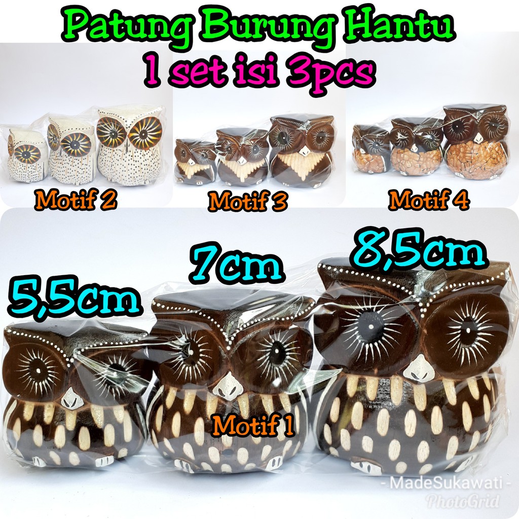 Pajangan patung burung owl kayu 1set isi 3pcs