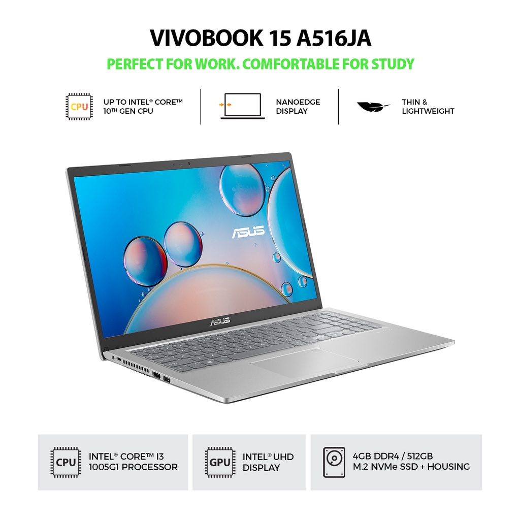 Asus VivoBook A516JAO-FHD352 CI3-1005G1/4GB/512GB+HOUSING/15.6/BLK/WIN10+OHS2019/TRANSPARANT SILVER