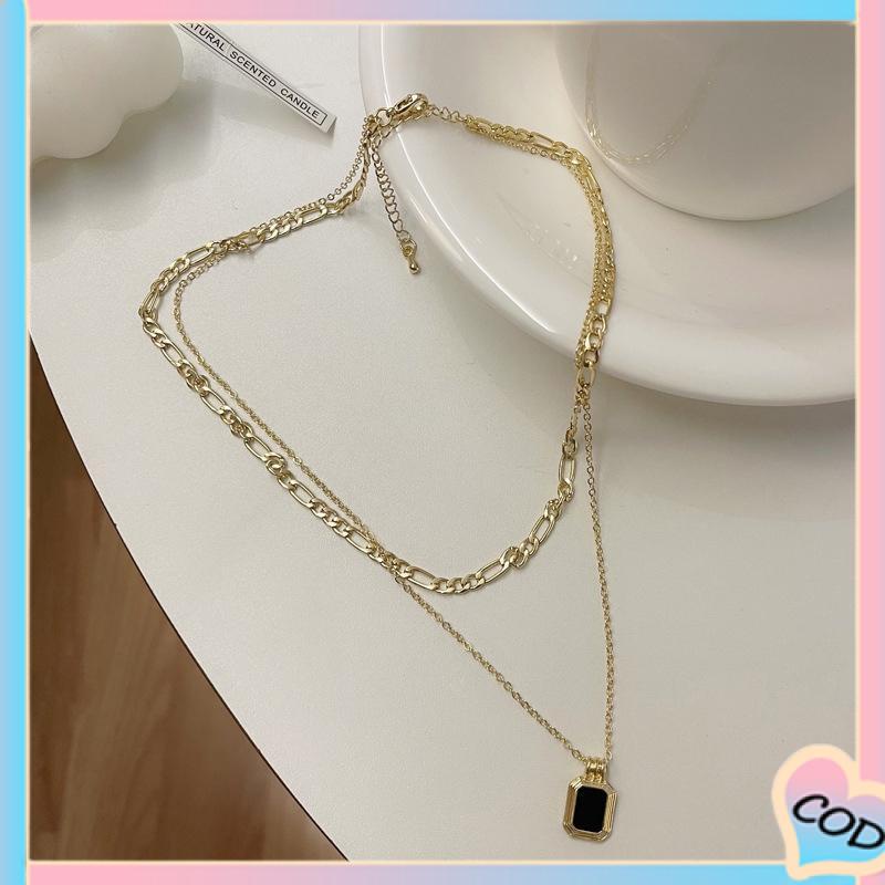 COD❤️Kalung Rantai Temperamen Wanita Korean Fashion Sederhana Klavikula Kalung Berlapis Ganda Liontin Warna Hitam-A.one