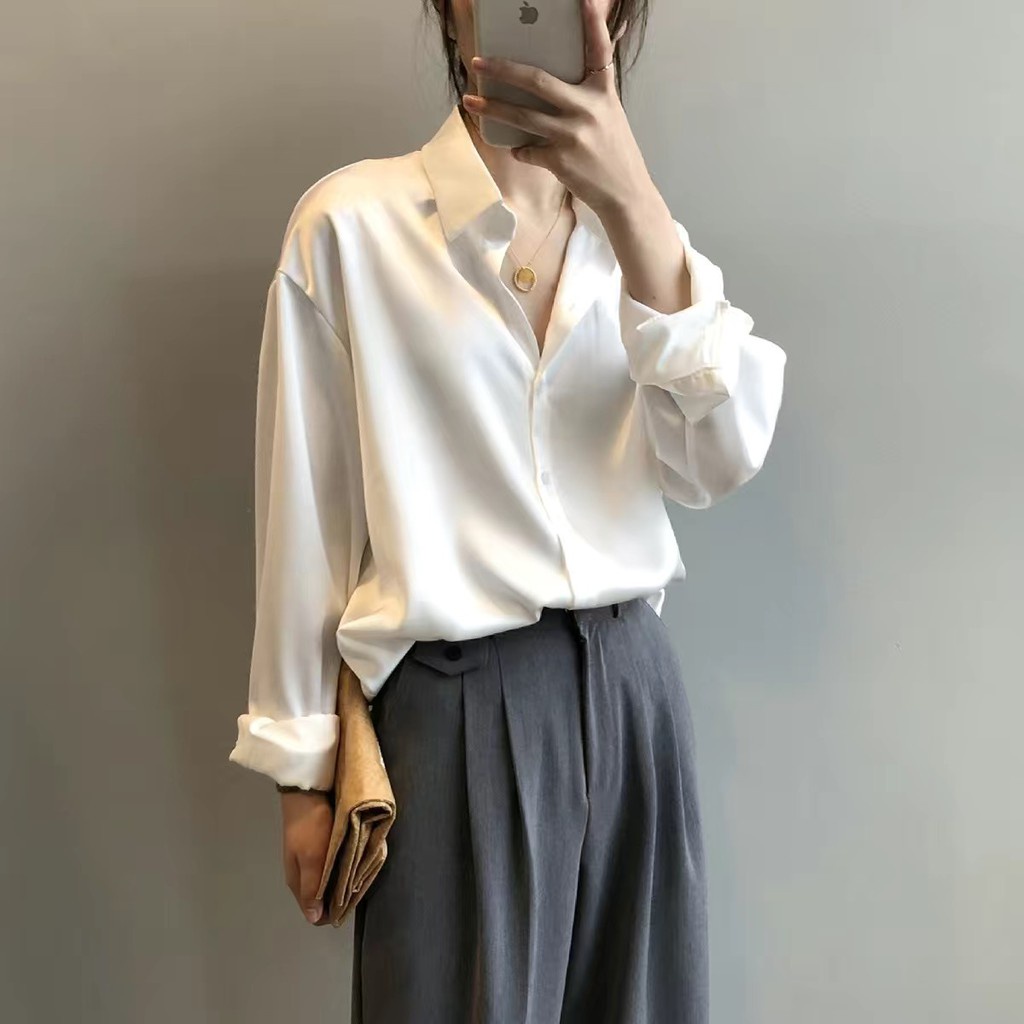Kemeja Satin Sutra Kemeja Putih Longgar Gaya Korea Wanita