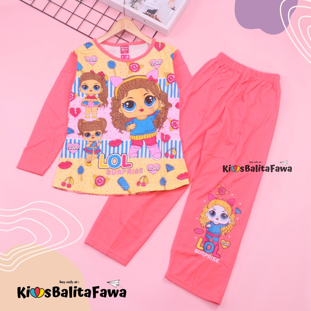 Piyama Anak Perempuan uk 5-10 Tahun / Baju Tidur Kaos Karakter Lengan Celana Panjang Disney Import