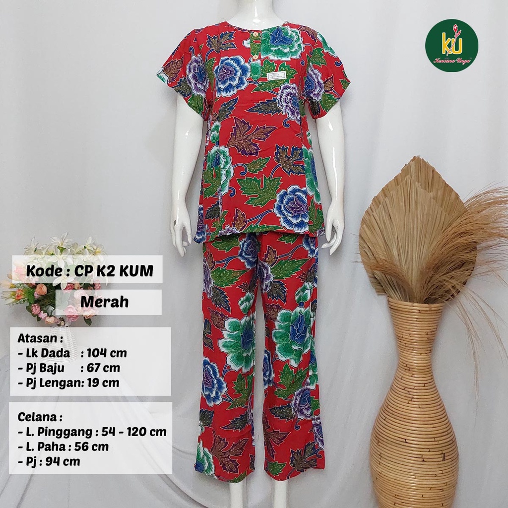 COD SETELAN BATIK KENCANA UNGU ASLI | Baju Santai Tidur Wanita Setelan Celana Panjang Piyama Motif-Merah C