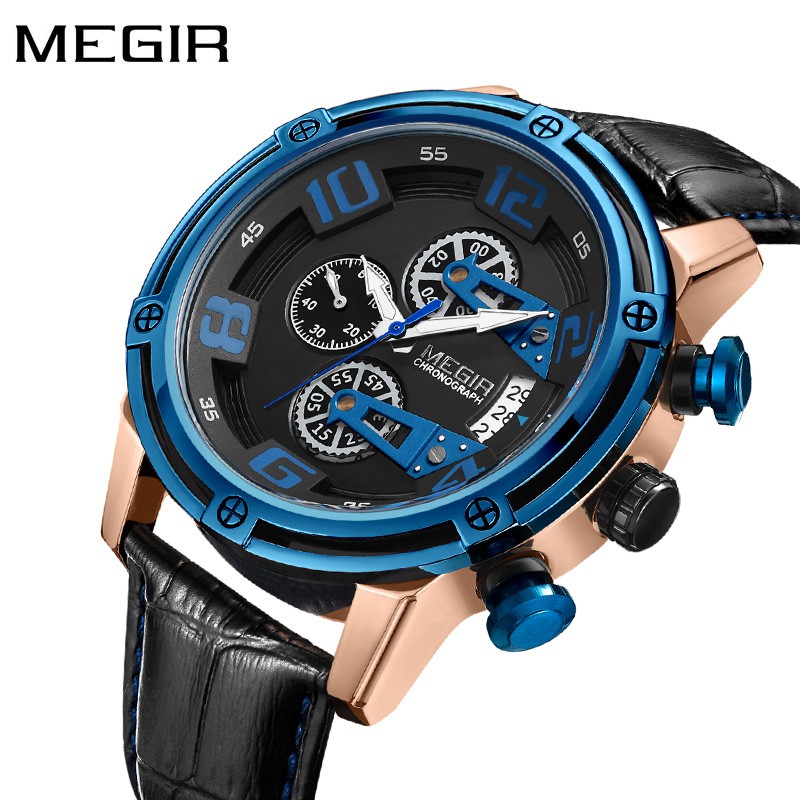 MEGIR 2078 Jam Tangan Pria Analog Chronograph Tali Kulit WATCHKITE WKOS