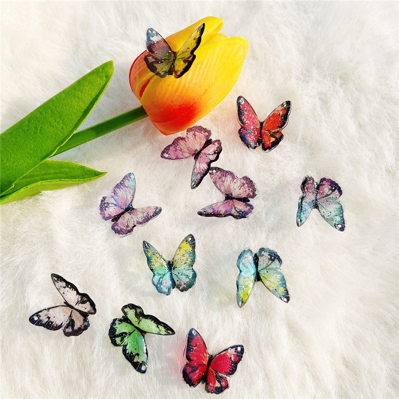 2 pcs/bag 21x22mm multi-warna Lubang Diagonal Ganda Lurus Lubang Resin Epoxy Butterfly Charms Liontin untuk Diy Perhiasan Bakat