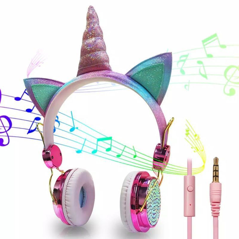 Headphone Unicorn Anak Headset Import Telinga Kucing Gliter Pink