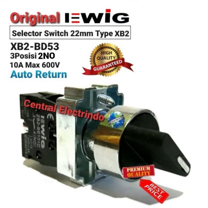 Selector Switch EWIG 22mm XB2-BD53 Auto Return 3Posisi 2NO 10A/600V.