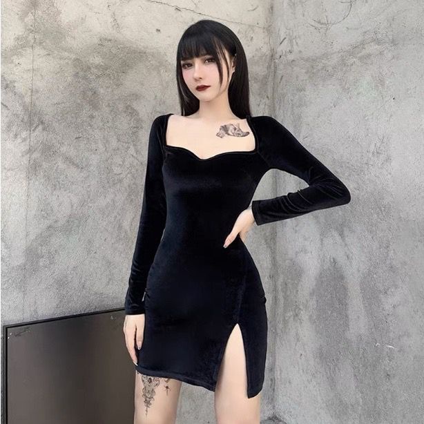 [Goth] Women Long Sleeve Velvet Bodycon Midi Dress 8643 (S/M/L)