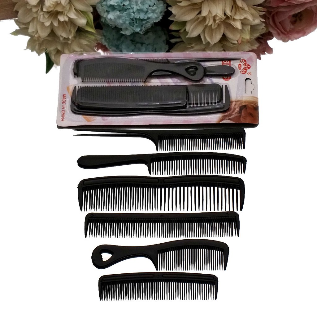 Sisir Rambut SET ISI 6 PCS Hitam Polos Sisir Salon Serbaguna Hair Styling Sisir Potong Ekor Tipis Rata Murah 6 in 1