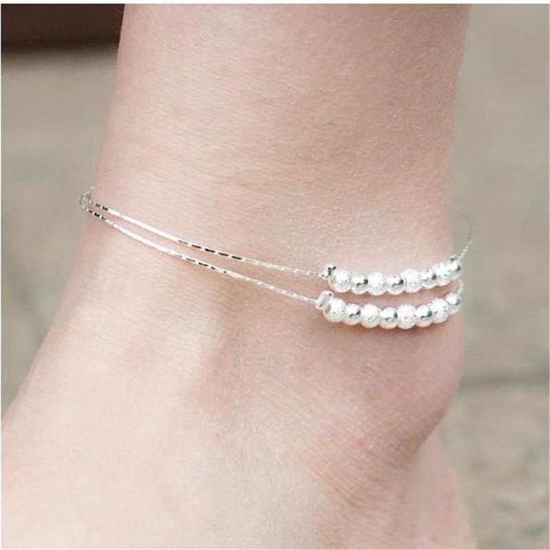 Korea Fashion Style Perhiasan Frosted Transfer Manik-manik Berlapis Perak Gelang Kaki