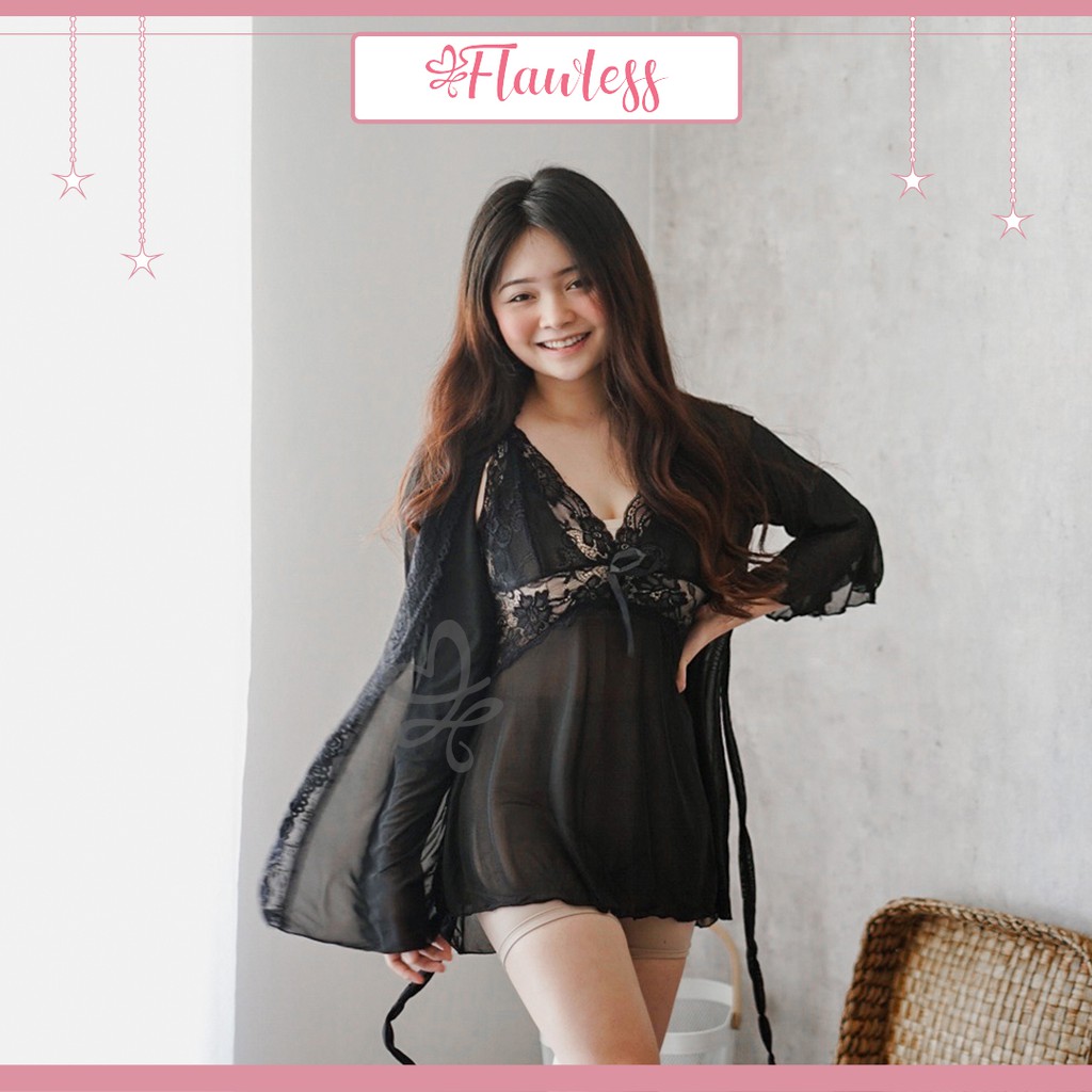 Lingerie (LR24) Sexy Setelan Wanita Jumbo Set Piyama Sleepwear Baju Tidur Perempuan-Hitam