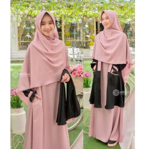 Lgi Pr0mo,,Fashion Muslim Elbina Set Gamis + Outer + Hijab | Bisa COD | | Size S M L XL | Bahan Mosc