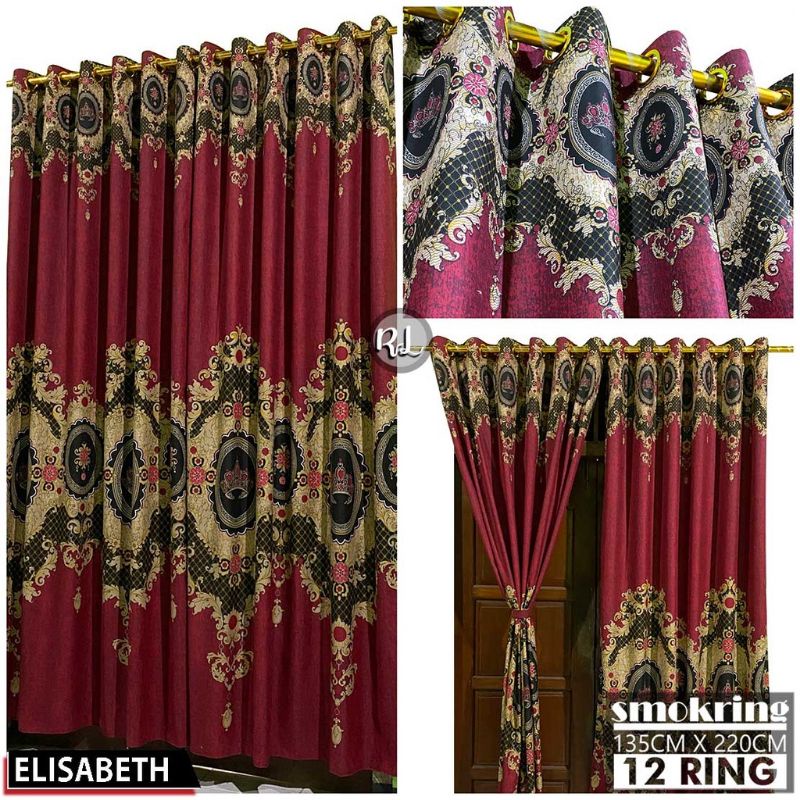 Gorden Pintu Jendela Model Smokring Besar 12 Lubang Motif Sultan Elisabeth Maroon