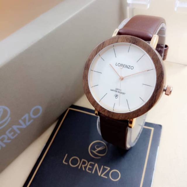 JAM TANGAN WANITA LORENZO MODEL KAYU TALI KULIT ORIGINAL