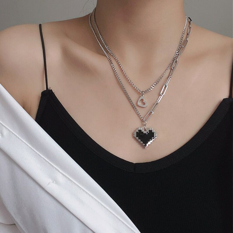 YEEZII Simple Chain Necklaces Mosaic Heart Pendant Necklace Silver Multilayer Choker Necklace for Women Accessories Jewelry